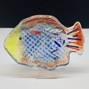 Fused Recycled Glass Fish Shaped Dish Bowl With Colorful Check & Striped 6"